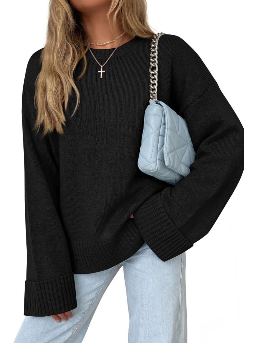 Women's Black Crewneck Long Sleeve Solid Ribbed Knit Top Oversized Fall Sweater